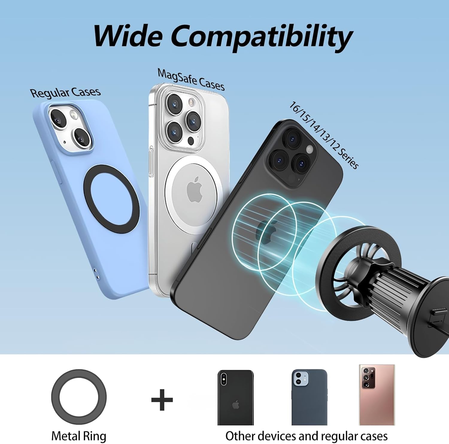 MagSafe Car Mount with 360° Flexible Rotation and 20X Strong Magnets, Upgraded Metal Hook, Hands-Free Phone Holder Compatible with iPhone 16/15/14/13/12 Series, Black