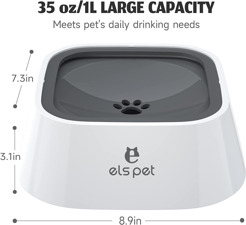 ELS PET Travel Bowl, No Spill, No Drip Slow Water Feeder/Dispenser for Dogs, Cats, 35Oz/1L (Grey)