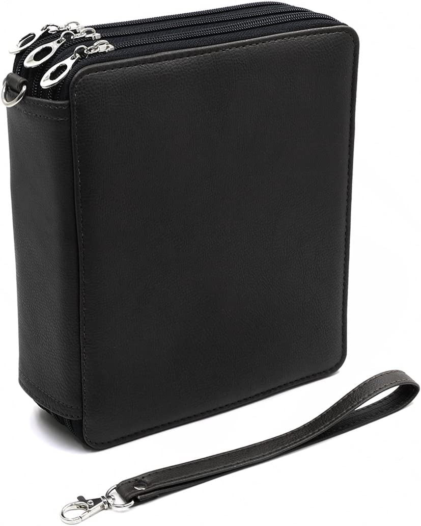 YOUSHARES 120-Slot PU Leather Pencil Case - Multi-Layer Zipper Pen Bag with Handle Strap for Watercolor Pencils, Colored Pencils, Markers, and Makeup Brushes (Black)