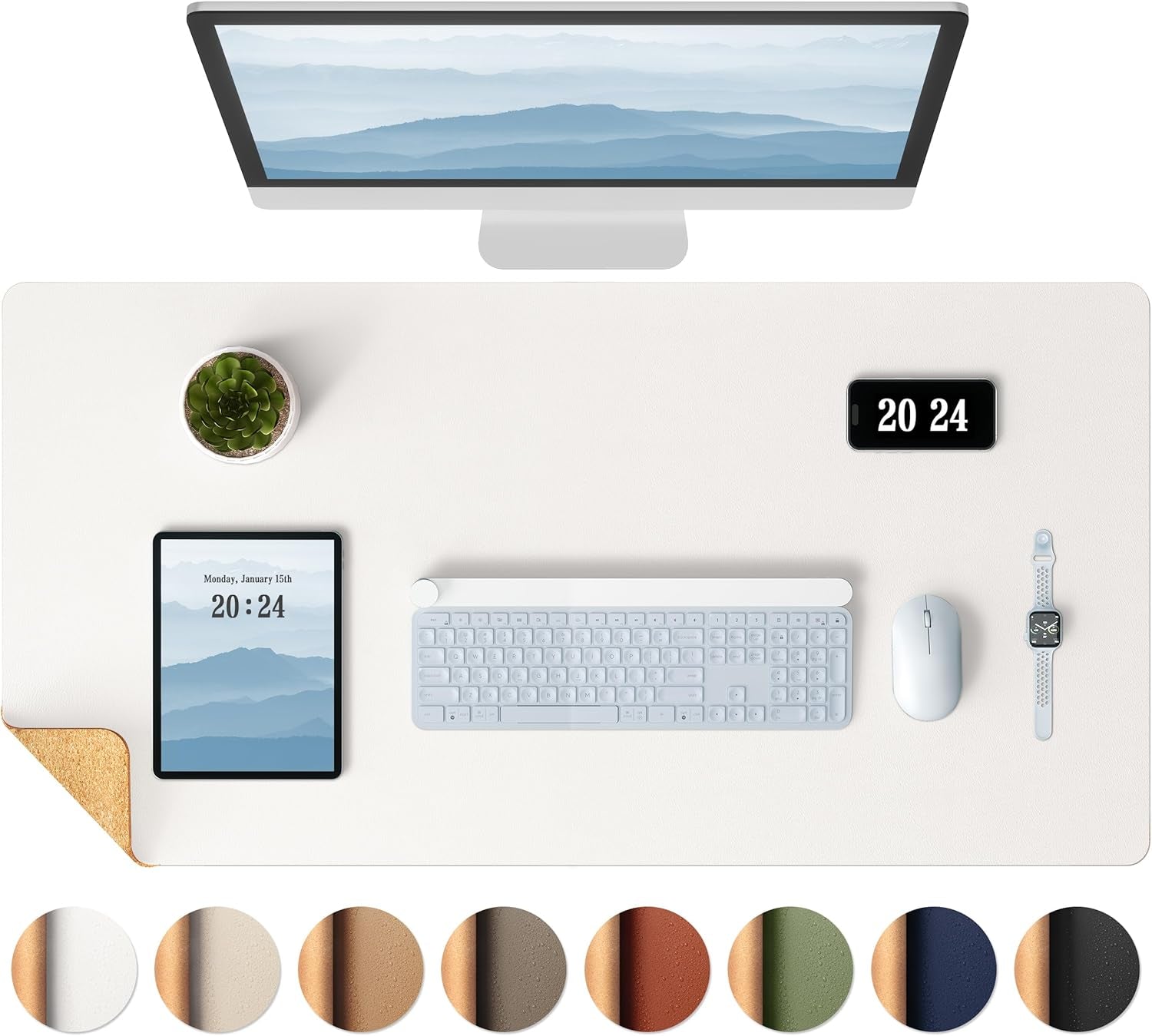 Aothia Dual-Sided Desk Pad - Leather Desk Mat, Natural Cork Desk Pad Protector, Large Mouse Pad for Desk, Waterproof Desk Blotter Pad, Desk Writing Pad for Office Work/Home, Apricot(25.6"X13.7")