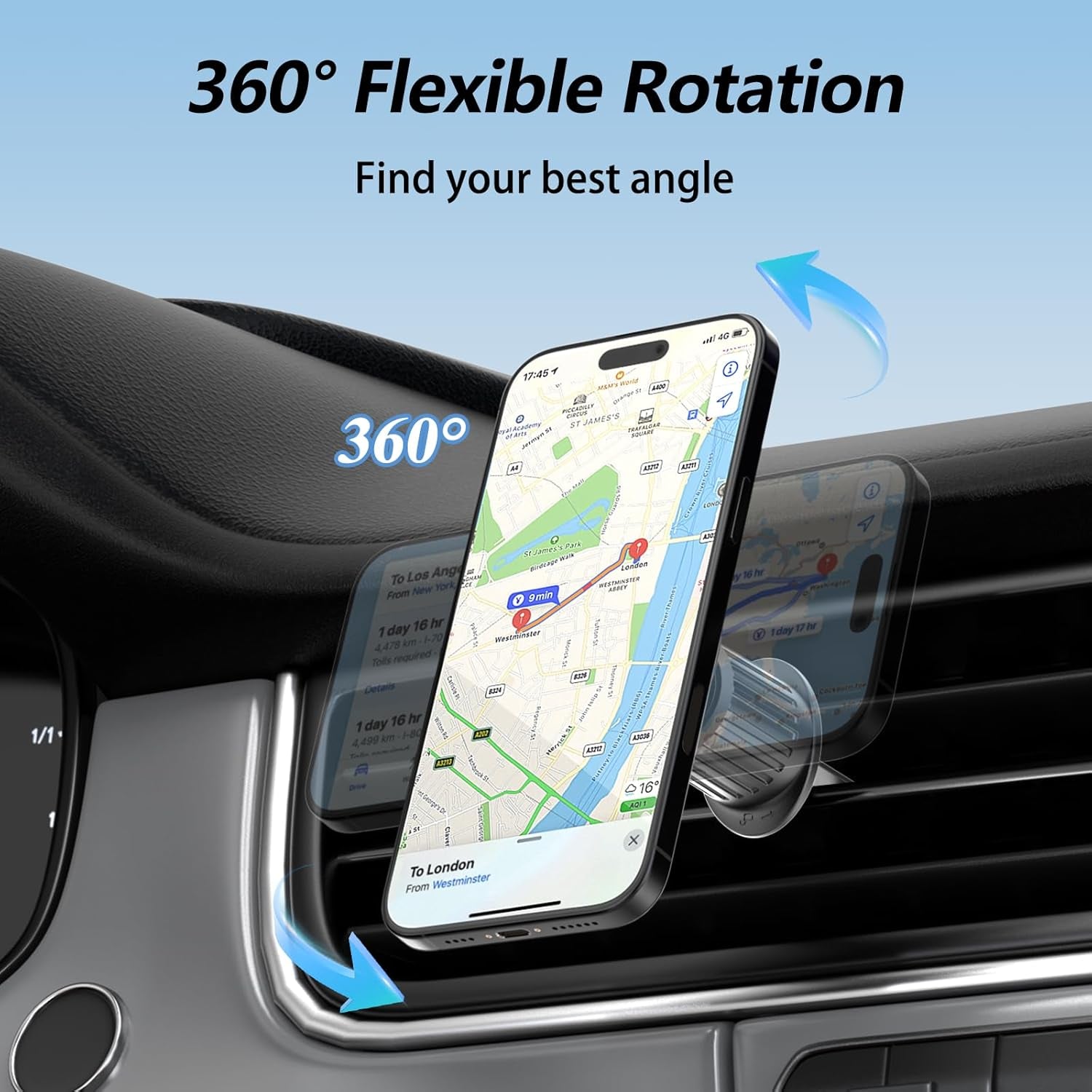 MagSafe Car Mount with 360° Flexible Rotation and 20X Strong Magnets, Upgraded Metal Hook, Hands-Free Phone Holder Compatible with iPhone 16/15/14/13/12 Series, Black