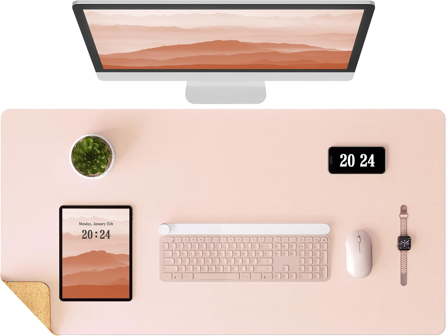 Aothia Dual-Sided Desk Pad - Leather Desk Mat, Natural Cork Desk Pad Protector, Large Mouse Pad for Desk, Waterproof Desk Blotter Pad, Desk Writing Pad for Office Work/Home, Apricot(25.6"X13.7")