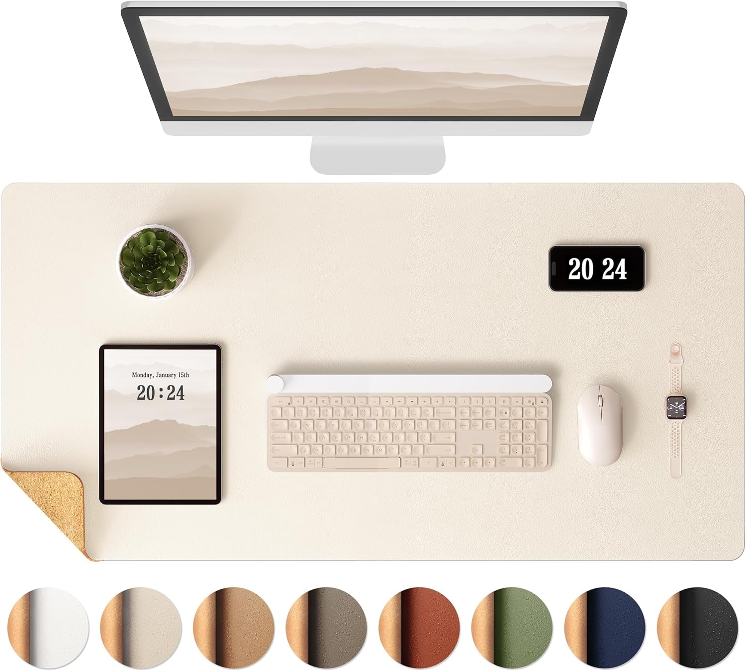 Aothia Dual-Sided Desk Pad - Leather Desk Mat, Natural Cork Desk Pad Protector, Large Mouse Pad for Desk, Waterproof Desk Blotter Pad, Desk Writing Pad for Office Work/Home, Apricot(25.6"X13.7")