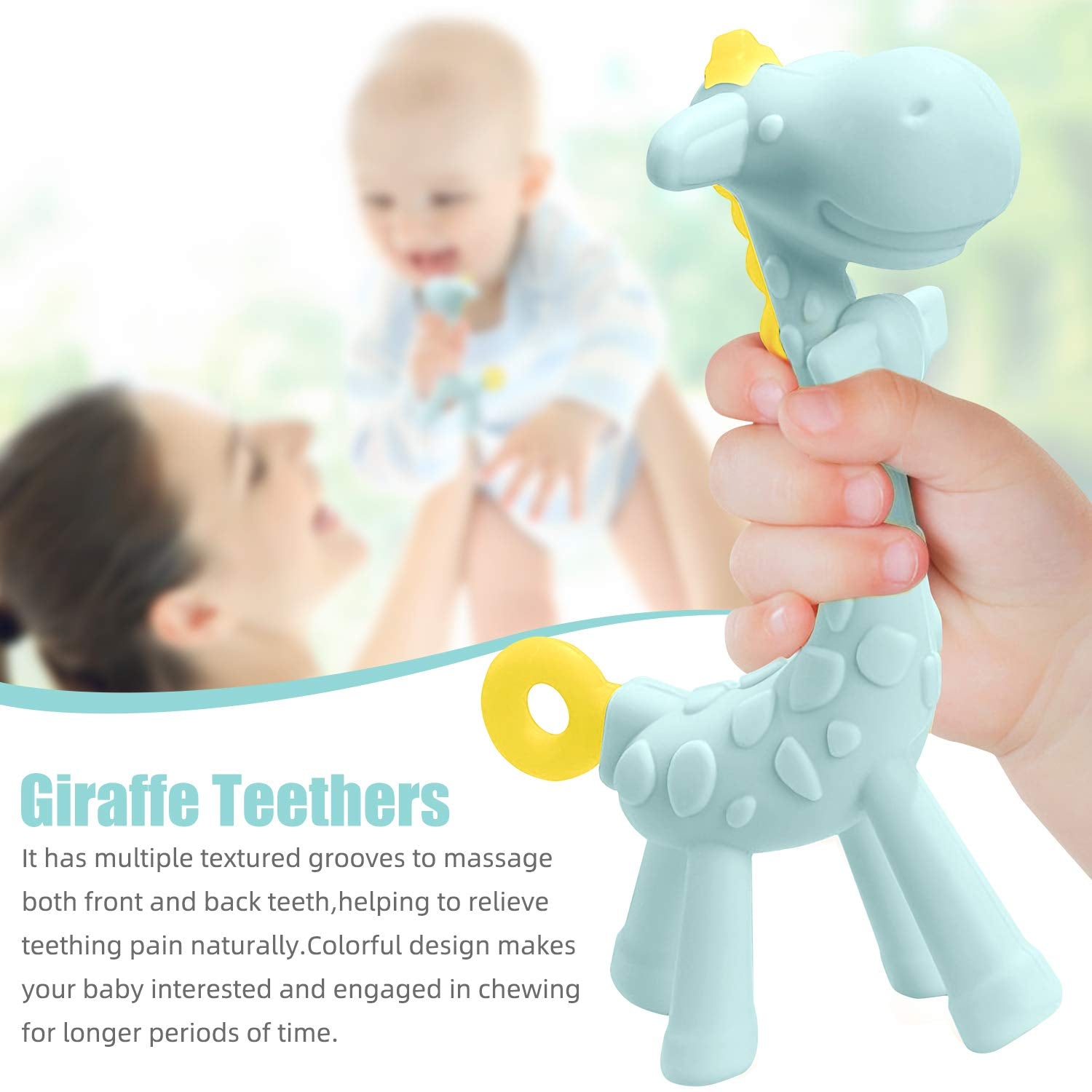 SHARE&CARE BPA-Free Silicone Giraffe Baby Teether Toy with Storage Case for Infants 3 Months and Older - Sore Gums Pain Relief and Ideal Baby Shower Gift (Blue)
