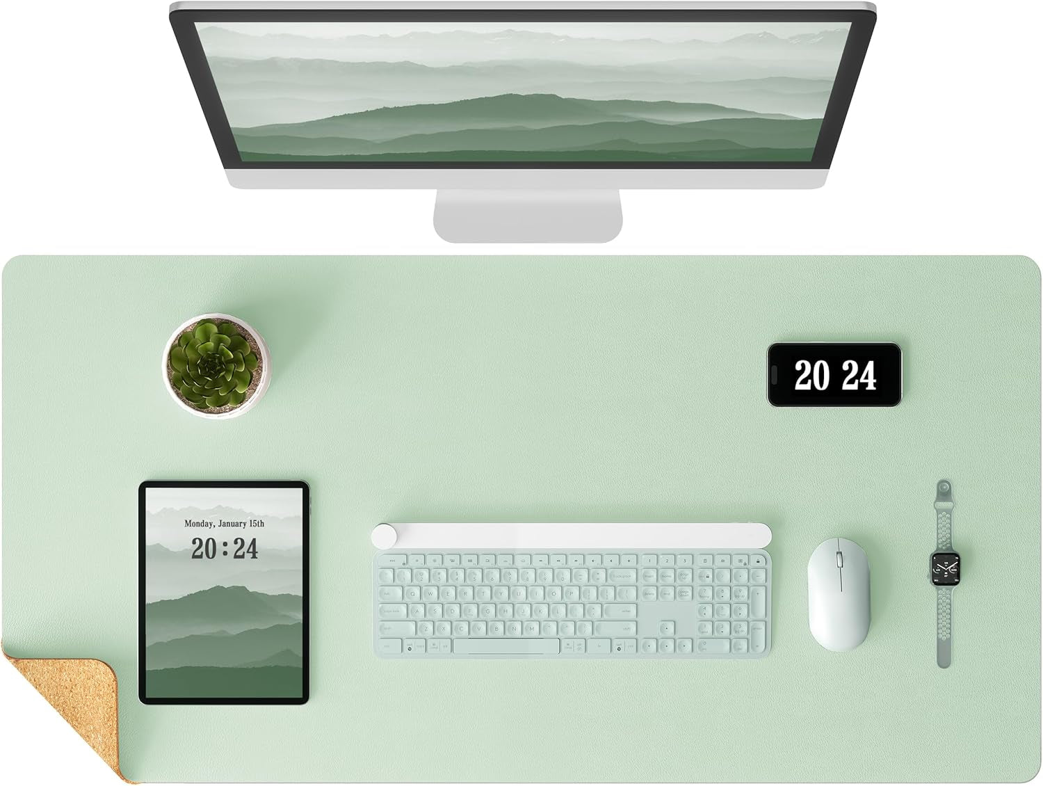 Aothia Dual-Sided Desk Pad - Leather Desk Mat, Natural Cork Desk Pad Protector, Large Mouse Pad for Desk, Waterproof Desk Blotter Pad, Desk Writing Pad for Office Work/Home, Apricot(25.6"X13.7")