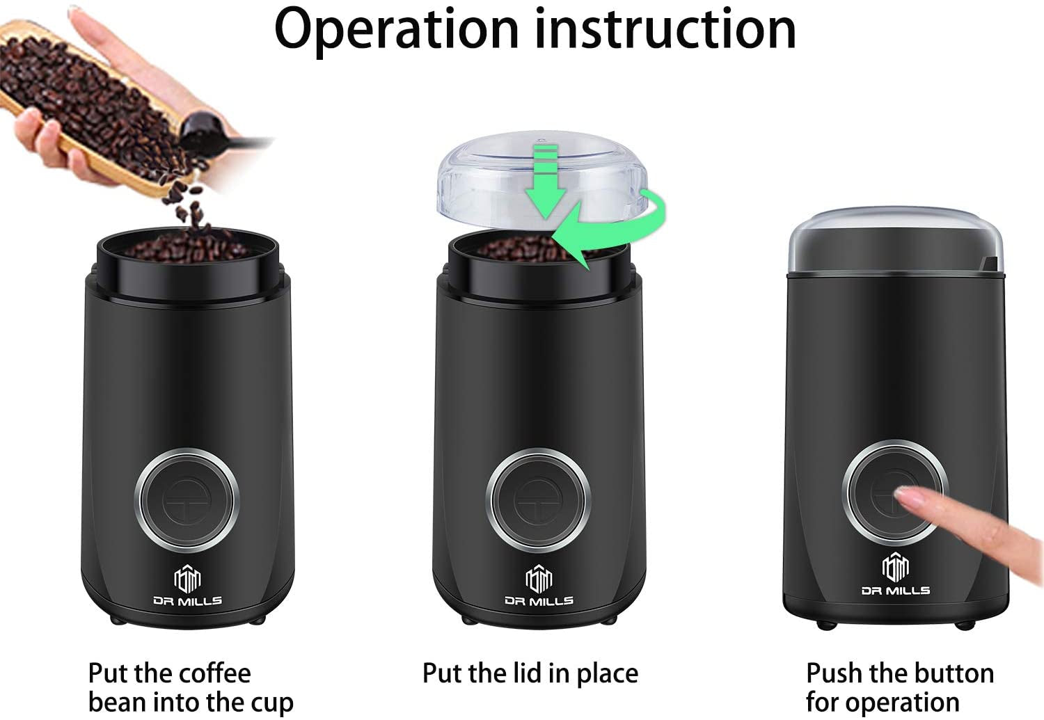 DR MILLS DM-7441 Electric Coffee and Spice Grinder with One-Touch Operation, SUS304 Stainless Steel Blade and Cup (Black)