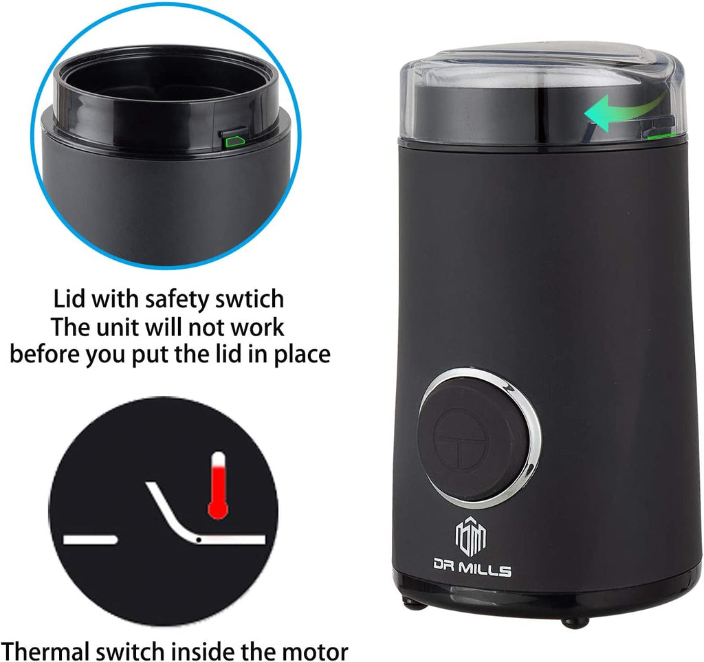 DR MILLS DM-7441 Electric Coffee and Spice Grinder with One-Touch Operation, SUS304 Stainless Steel Blade and Cup (Black)