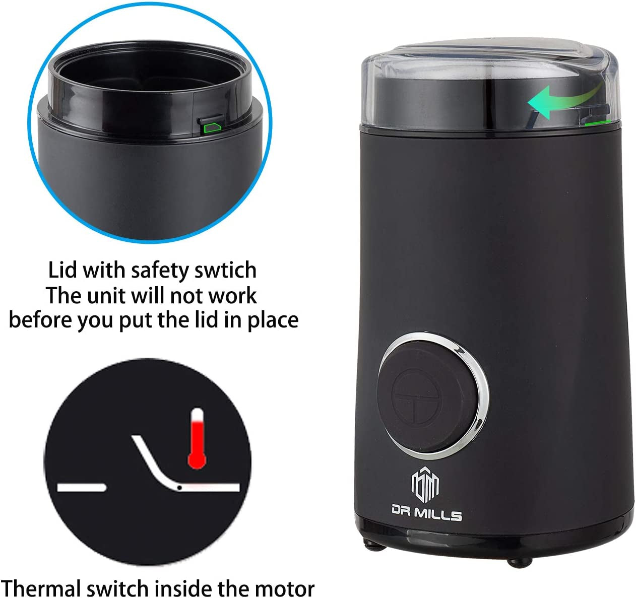 DR MILLS DM-7441 Electric Coffee and Spice Grinder with One-Touch Operation, SUS304 Stainless Steel Blade and Cup (Black)