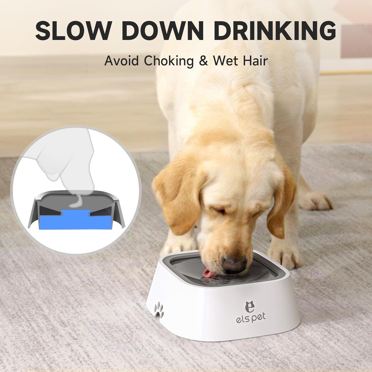 ELS PET Travel Bowl, No Spill, No Drip Slow Water Feeder/Dispenser for Dogs, Cats, 35Oz/1L (Grey)