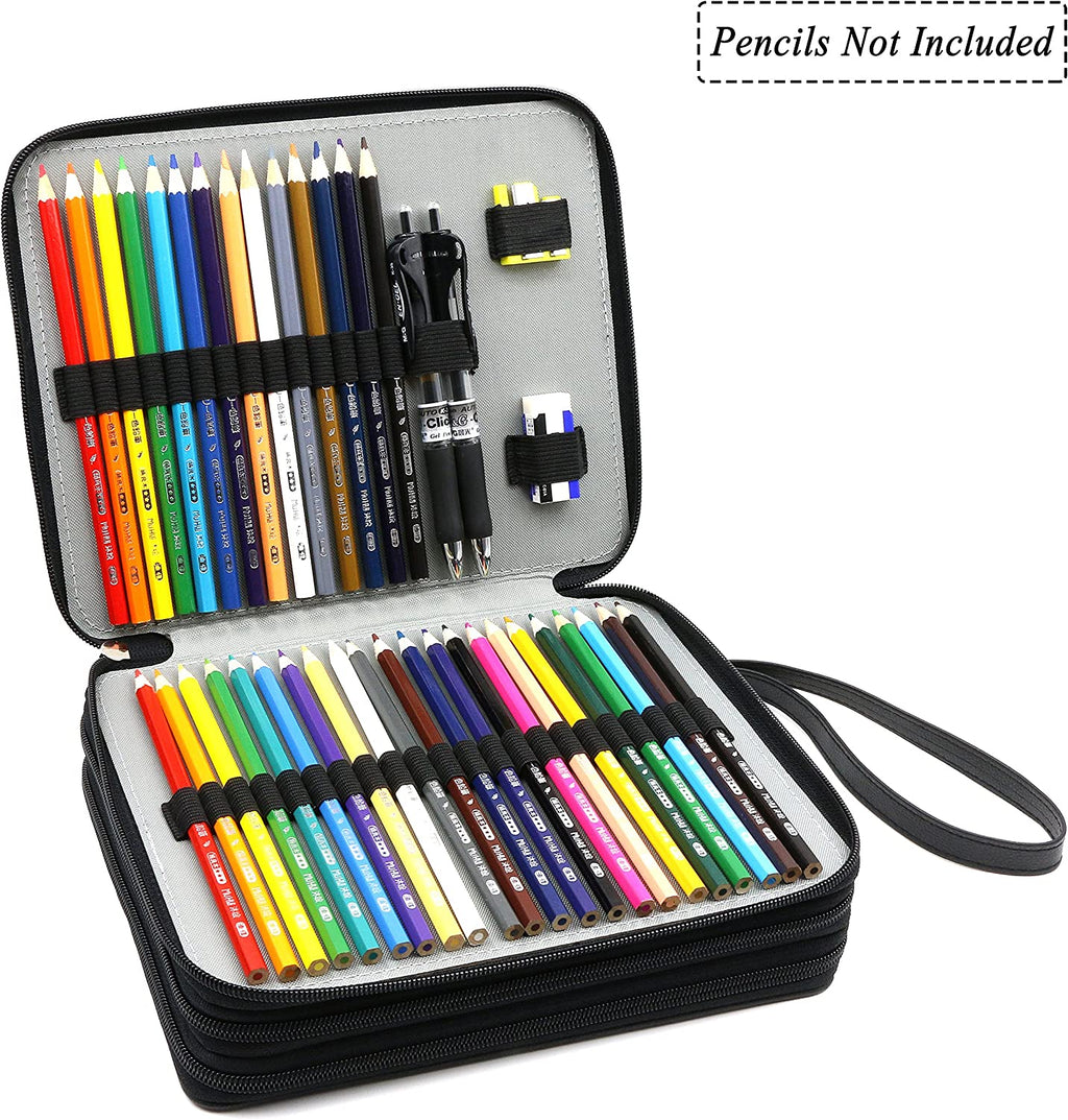 YOUSHARES 120-Slot PU Leather Pencil Case - Multi-Layer Zipper Pen Bag with Handle Strap for Watercolor Pencils, Colored Pencils, Markers, and Makeup Brushes (Black)