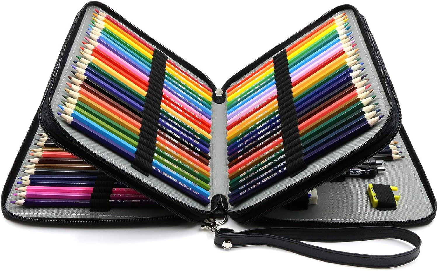YOUSHARES 120-Slot PU Leather Pencil Case - Multi-Layer Zipper Pen Bag with Handle Strap for Watercolor Pencils, Colored Pencils, Markers, and Makeup Brushes (Black)