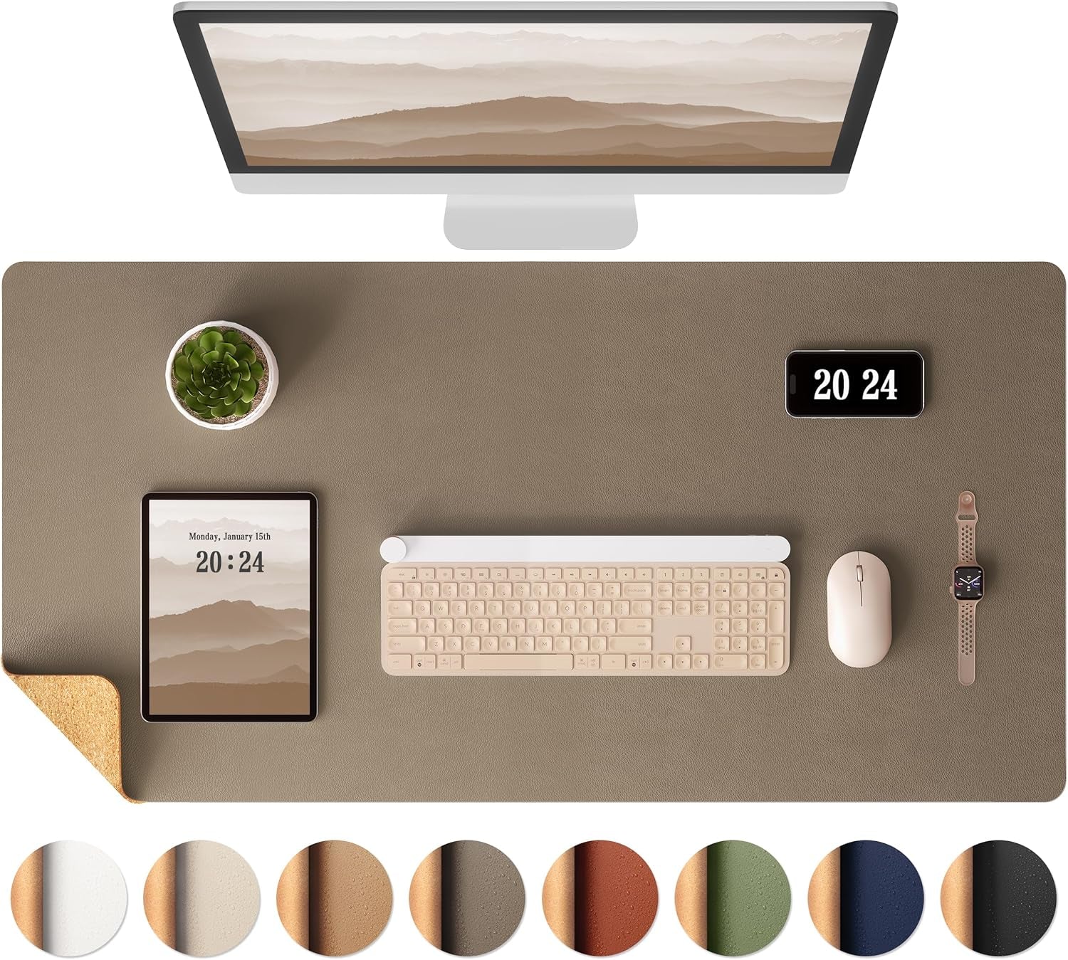 Aothia Dual-Sided Desk Pad - Leather Desk Mat, Natural Cork Desk Pad Protector, Large Mouse Pad for Desk, Waterproof Desk Blotter Pad, Desk Writing Pad for Office Work/Home, Apricot(25.6"X13.7")