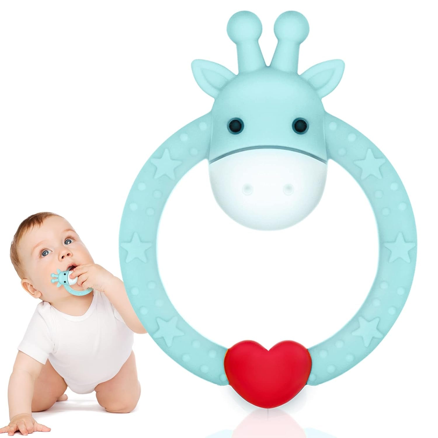 SHARE&CARE BPA-Free Silicone Giraffe Baby Teether Toy with Storage Case for Infants 3 Months and Older - Sore Gums Pain Relief and Ideal Baby Shower Gift (Blue)