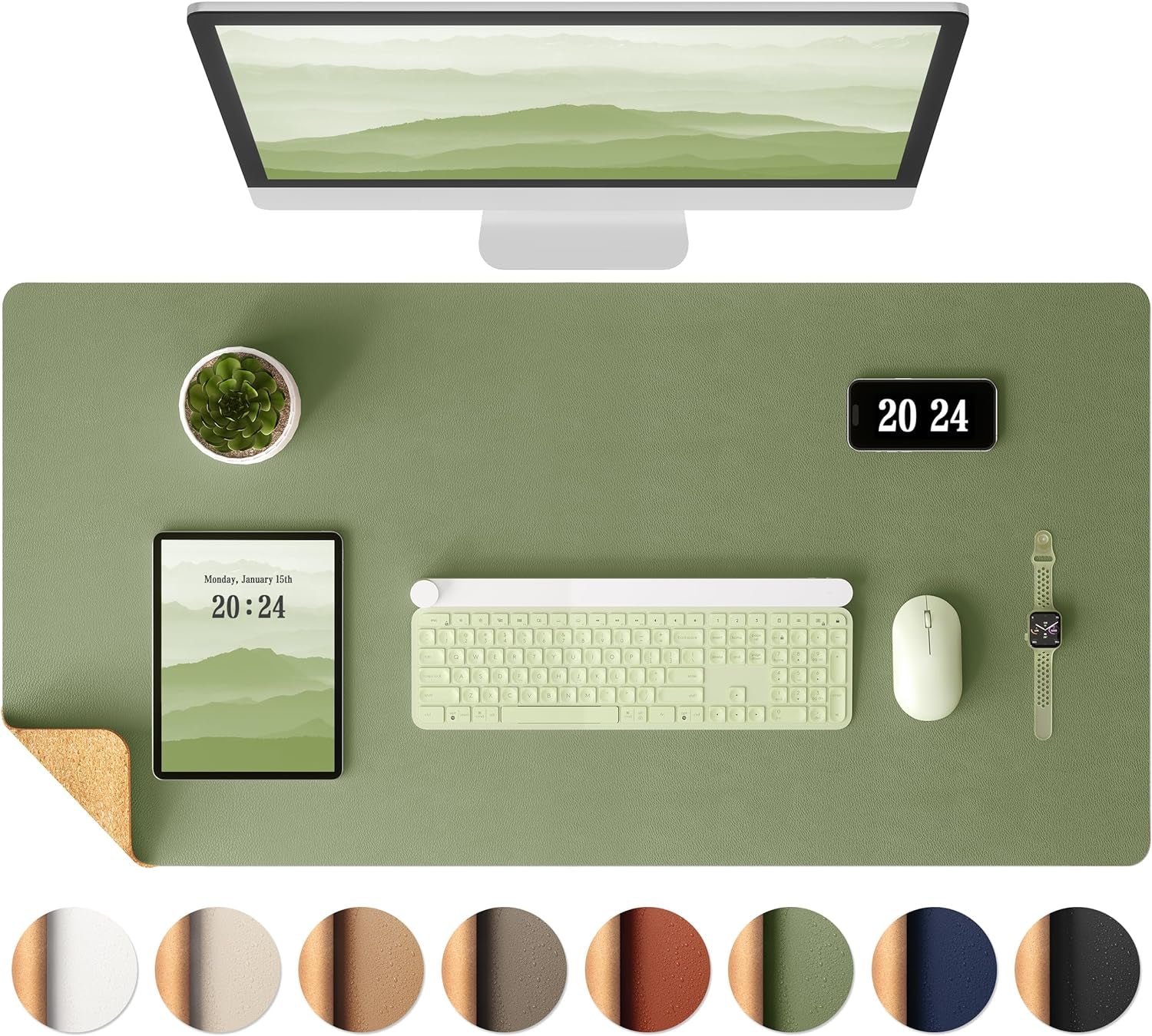 Aothia Dual-Sided Desk Pad - Leather Desk Mat, Natural Cork Desk Pad Protector, Large Mouse Pad for Desk, Waterproof Desk Blotter Pad, Desk Writing Pad for Office Work/Home, Apricot(25.6"X13.7")