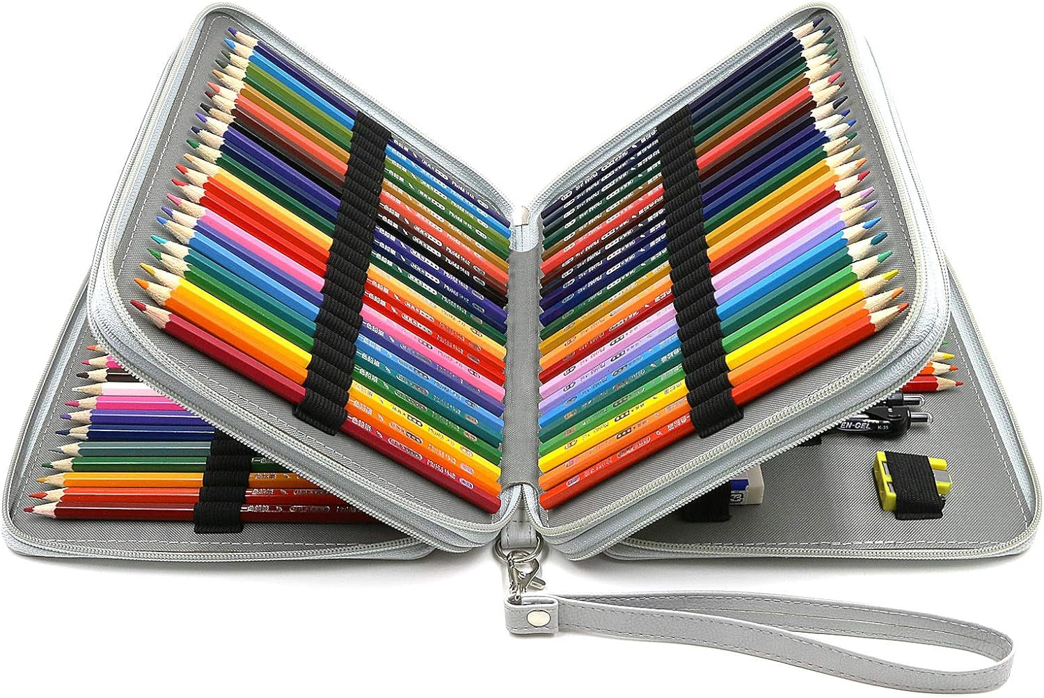 YOUSHARES 120-Slot PU Leather Pencil Case - Multi-Layer Zipper Pen Bag with Handle Strap for Watercolor Pencils, Colored Pencils, Markers, and Makeup Brushes (Black)