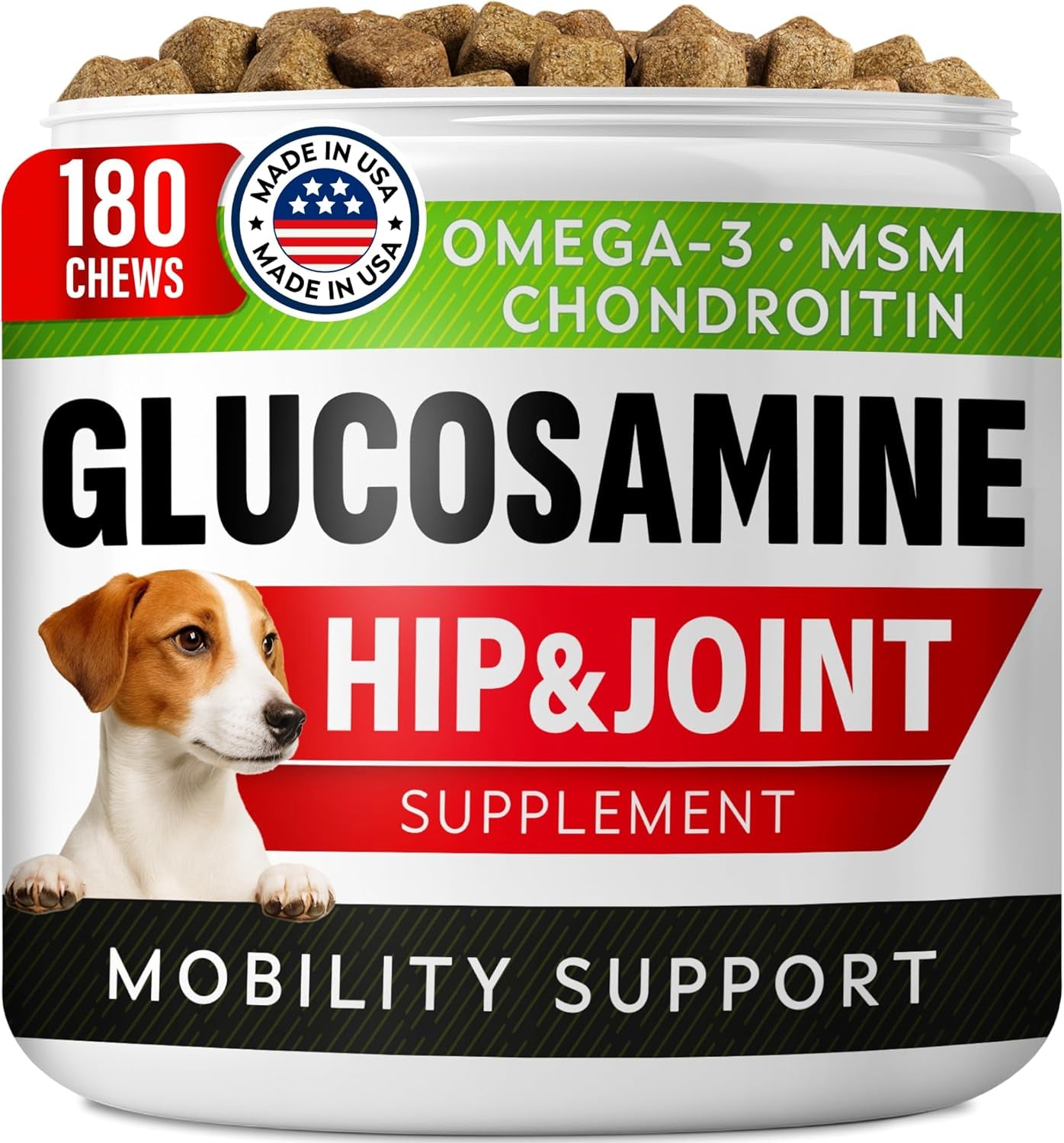 Glucosamine Treats for Dogs - Joint Supplement W/ Omega-3 Fish Oil - Chondroitin, MSM - Advanced Mobility Chews - Joint Pain Relief - Hip & Joint Care - Chicken Flavor - 180 Ct - Made in USA