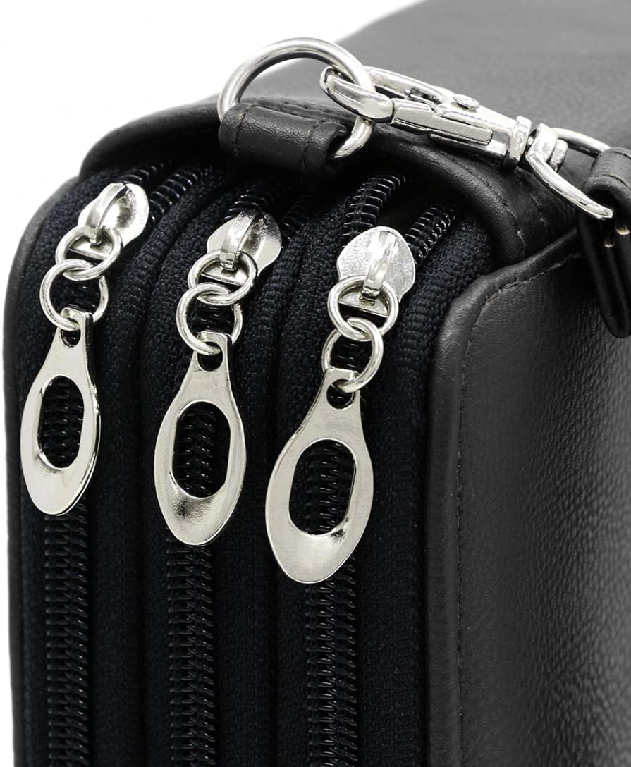 YOUSHARES 120-Slot PU Leather Pencil Case - Multi-Layer Zipper Pen Bag with Handle Strap for Watercolor Pencils, Colored Pencils, Markers, and Makeup Brushes (Black)