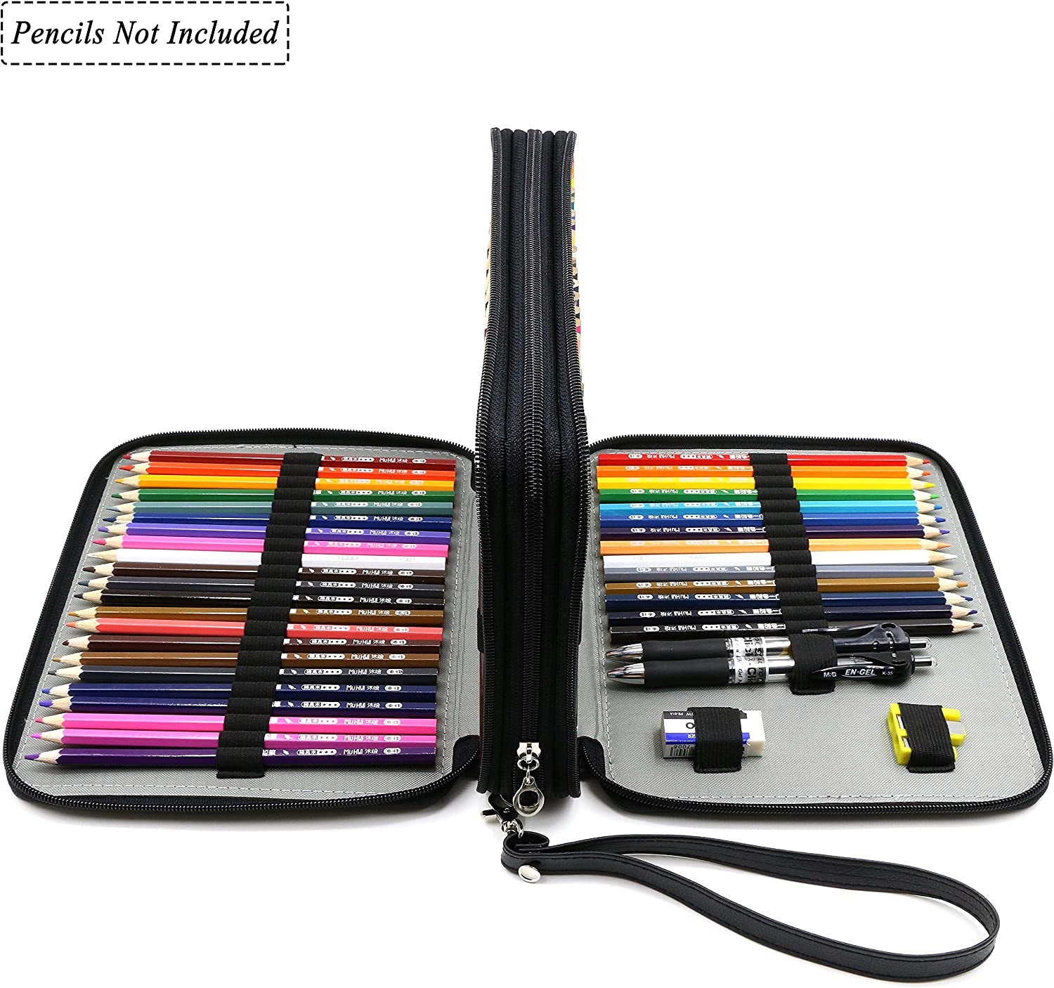 YOUSHARES 120-Slot PU Leather Pencil Case - Multi-Layer Zipper Pen Bag with Handle Strap for Watercolor Pencils, Colored Pencils, Markers, and Makeup Brushes (Black)